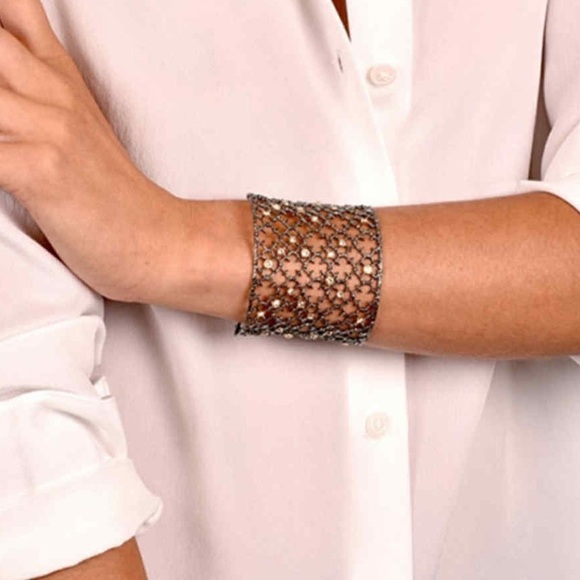 ALEXIS BITTAR  Dark Gunmetal Crystal Studded Thorny Lace Wide Cuff
Bracelet - Picture 1 of 6
